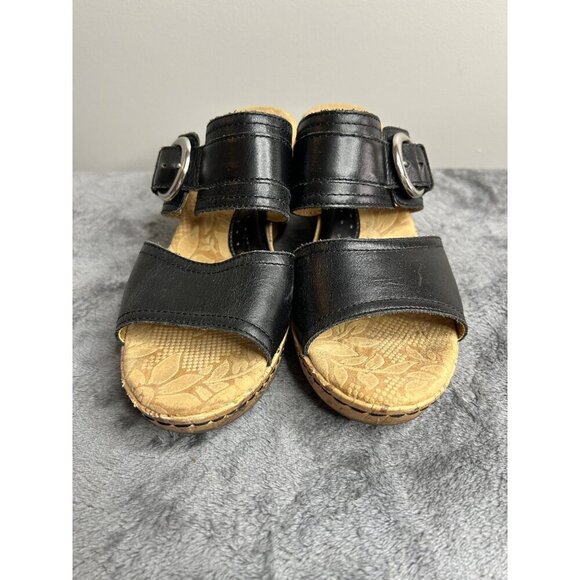 Born Women's Zee Sandal Size 7 Black Leather Wedge Heel Platform Two Strap Slide - Picture 5 of 7